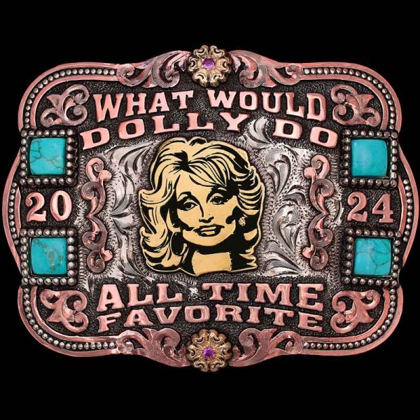 What Would Dolly Do?! The Sevierville Belt Buckle features gorgeous turquoise stones in an all copper set up for your custom lettering. Celebrate Ms. Dolly or personalize with your own bronze logo, western figure or image!